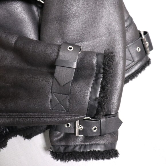 ZARA Aviator Biker Jacket Womens M Faux Leather Shearling Lined Moto Zip Black - Picture 15 of 16